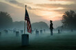 Memorial Day,  a serene cemetery where a uniformed soldier stands in silent homage of those who gave their all, beside an American flag