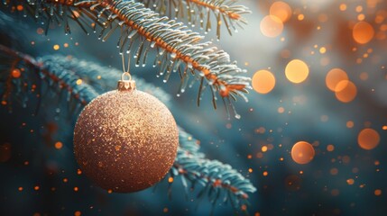 Poster - A Christmas tree with golden glitter hanging on a fir branch in a ball on a blue abstract night