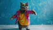 A grey cat with brightly coloured spectacles is dancing while wearing a pink floral blazer and a yellow shirt with solid blue background