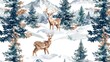 Two deer standing in snow-covered forest, suitable for winter-themed designs