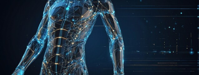 Abstract digital human body, Polygonal wireframe silhouette, Low poly anatomy blue background, Technology futuristic man or woman model. 3D vector illustration consists of thin lines, connected dots