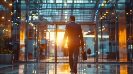 Canvas Print - A man in suit walking through a glass door with his briefcase, AI