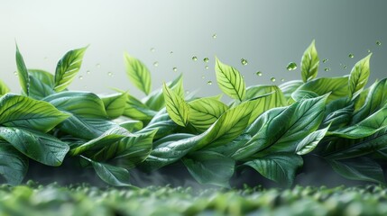 Canvas Print - Green tea leaves flying in the air with a high resolution image on a white background. Concept of food levitation.