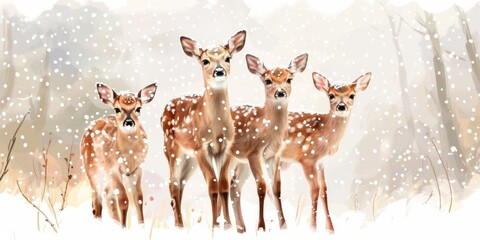 Canvas Print - A group of deer standing together in the snow. Ideal for winter wildlife concepts