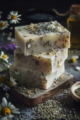 Aufkleber - A pile of soap on a rustic wooden cutting board. Perfect for hygiene or spa concepts