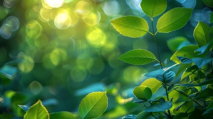 Poster - A blurred background of blue and green, with foliage and sky in bright bokeh. Background with natural green leaves, used as a cover page.