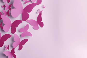 Wall Mural - Bright pink paper butterflies on white wall