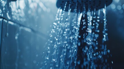 Poster - Close-up of a shower head with water flowing out. Ideal for bathroom and hygiene concepts