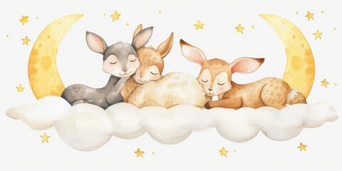 Poster - A cute couple of animals sitting on a fluffy cloud. Perfect for children's books or dreamy illustrations