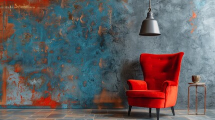 Wall Mural - A red chair sitting in front of a wall with blue paint, AI