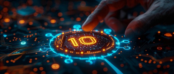 Fototapete - A businessman selects the abstract chip with IoT text on the virtual display on virtual screen as a symbol of the digital transformation and Internet of Things.