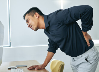 Fototapete - Computer, body or businessman with back pain injury, fatigue or burnout crisis in workplace, office or startup. Spine posture, tired developer or injured web designer frustrated by muscle tension