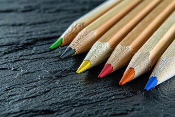 Poster - Colorful pencils on a rustic table, ideal for educational or artistic projects