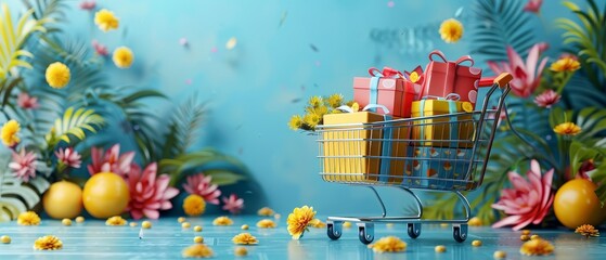 Poster - Shopping cart with purchases, gifts, boxes. Delivery from a supermarket, shop. E-commerce landing page. Internet marketing. Web page. Blue. Eps 10.