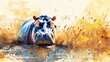 A painting of a hippo in a body of water. Suitable for nature and wildlife themes