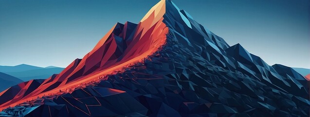 Abstract mountain with a path to the top, Way to goal in digital futuristic style on a blue technology background, Vector illustration of success achievement concept. Low Poly wireframe flag and ridge