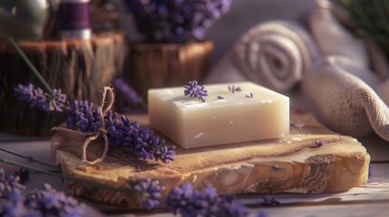 Poster - A bar of soap placed on a rustic wooden cutting board. Ideal for hygiene and household concepts
