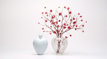 Flowers In A Vase And An Ornamental Heart Set Apart On A White Background