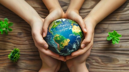 Aufkleber - Earth Day Concept. Green Energy, ESG, Renewable Resources, Environmental Care. Hands of People Holding a Handmade Globe. Protecting Planet Together. Top View.
