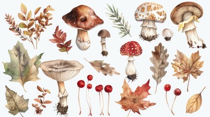 Poster - Assorted mushrooms and leaves in a natural setting. Suitable for nature and food themes