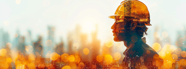 collage silhouette of a man in profile in a yellow helmet, in a silhouette image of buildings under construction,generative ai