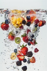 Poster - Fresh fruits dropping into clear water, perfect for healthy lifestyle concepts