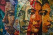A painting of four women with different colored faces
