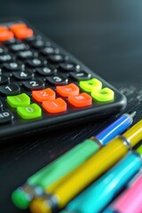 Wall Mural - Calculator, pens, and pencils on a table. Suitable for office and education concepts