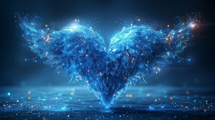 Leinwandbilder - An abstract happy 2024 New Year greeting card with a flying blue heart and wings. Low poly style design. Abstract geometric background. Wireframe light structure. Modern 3D graphic concept.