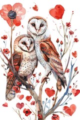 Canvas Print - Two owls resting on a tree branch, suitable for nature and wildlife themes