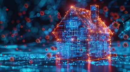 Fototapete - Abstract house icon with a blue glass dome attacked by red viruses. Low poly style design. Blue geometric background. Wireframe connection structure. Modern graphic concept. Vector.