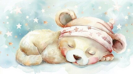 Aufkleber - A peaceful watercolor painting of a bear sleeping. Ideal for children's bedroom decor