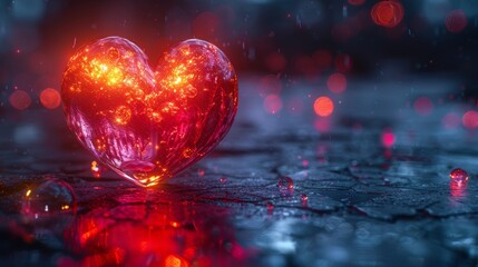 Poster - A digital heart glows in a futuristic style. 3D model with a board texture, a postcard as a symbol of love on Valentine's Day