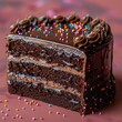 A close-up of a slice of chocolate birthday cake with sprinkles, solid color background, 4k, ultra hd
