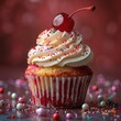 A close-up of a cupcake with a cherry on top and rainbow sprinkles, solid color background, 4k, ultra hd