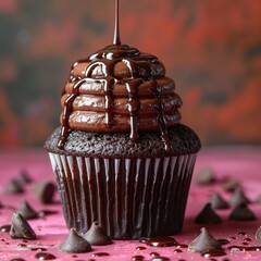 A close-up of a cupcake with a chocolate ganache drizzle, solid color background, 4k, ultra hd