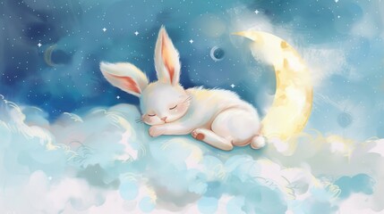 Poster - A peaceful white rabbit asleep on a fluffy cloud, ideal for children's books or dreamy concepts