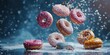 A unique image of doughnuts flying in the air. Perfect for food blogs and social media posts