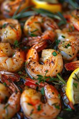 Poster - A pan filled with shrimp and lemon slices. Perfect for seafood lovers