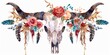 Watercolor painting of a cow skull adorned with colorful flowers and feathers. Perfect for bohemian or southwestern themed designs