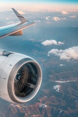 Poster - A powerful jet engine flying over a majestic mountain range. Suitable for aviation industry promotions