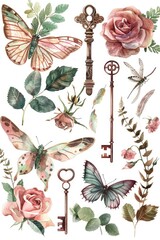 Wall Mural - Beautiful watercolor illustrations of flowers and keys, perfect for various design projects