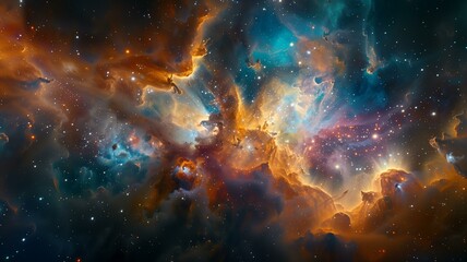 amidst a celestial dance, galaxies collide, releasing torrents of vibrant cosmic energies that manif