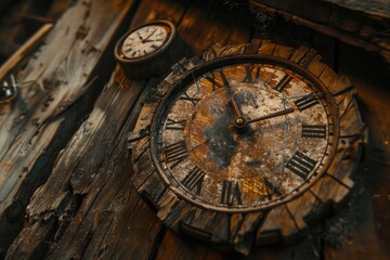 Poster - Close up of a clock on a wooden wall. Suitable for time management concepts