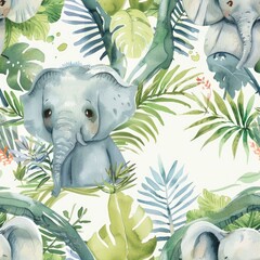 Canvas Print - A cute baby elephant surrounded by lush jungle leaves. Perfect for nature and wildlife themes