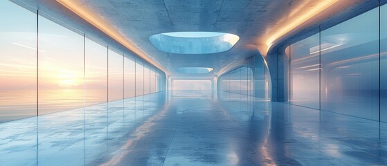 Aufkleber - A 3D render of an abstract futuristic glass architecture on an empty concrete floor.