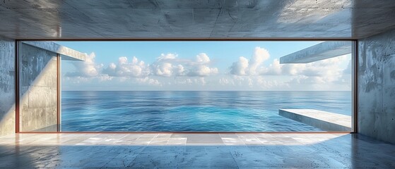Leinwandbilder - Render of an empty concrete room with a large window facing the sea.