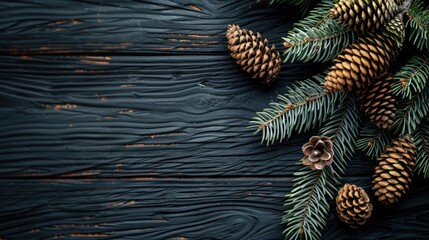 Poster - A close-up view of a pine tree branch with cones on a wooden surface. Ideal for nature and forestry concepts