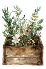 Poster - Colorful flowers arranged in a wooden box. Perfect for spring-themed designs