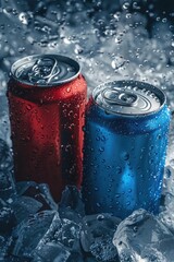 Poster - Two cans of soda sitting on top of ice. Perfect for summer refreshment ads